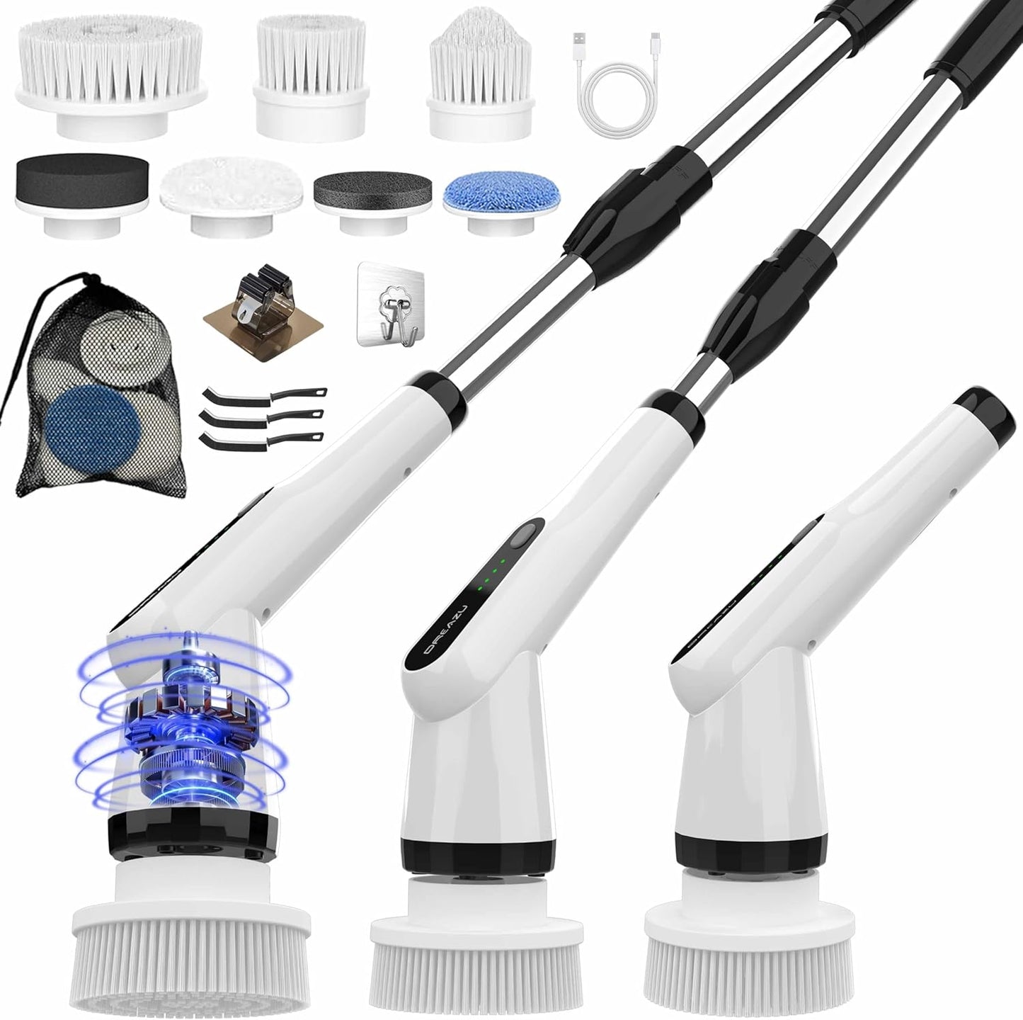 Electric Spin Scrubber, Dreazu IPX7 Shower Scrubber with 7 Replaceable Brush Heads & Retractable Handle, 2-Speed Adjustable Shower Cleaner for Bathroom,Toilet, Bathtub, Kitchen, Tile Floors