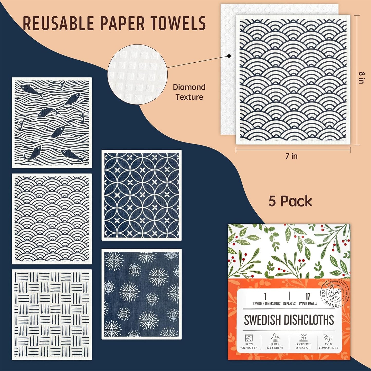Swedish Dishcloths for Kitchen, Swedish Dish Cloths 5 Pack, Super Absorbent Reusable Paper Towels Washable, Biodegradable, Quick Drying, Dishwasher Safe