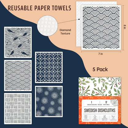 Swedish Dishcloths for Kitchen, Swedish Dish Cloths 5 Pack, Super Absorbent Reusable Paper Towels Washable, Biodegradable, Quick Drying, Dishwasher Safe