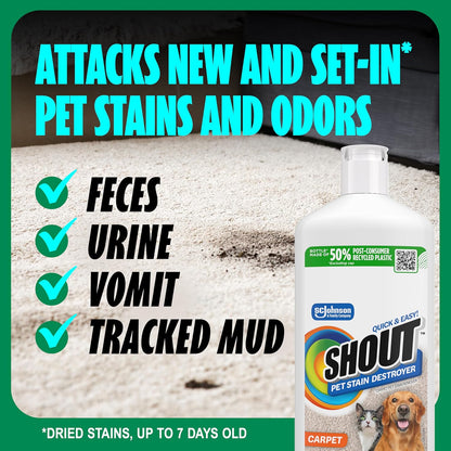 Shout Pet Stain Remover Spray, Color-Safe Multisurface & Carpet Cleaner Solution for Dog & Cat Urine, Feces, Vomit & Mud, Fights Odors & Remarking, Fast-Acting Cleans in 5 Minutes or Less, 22oz