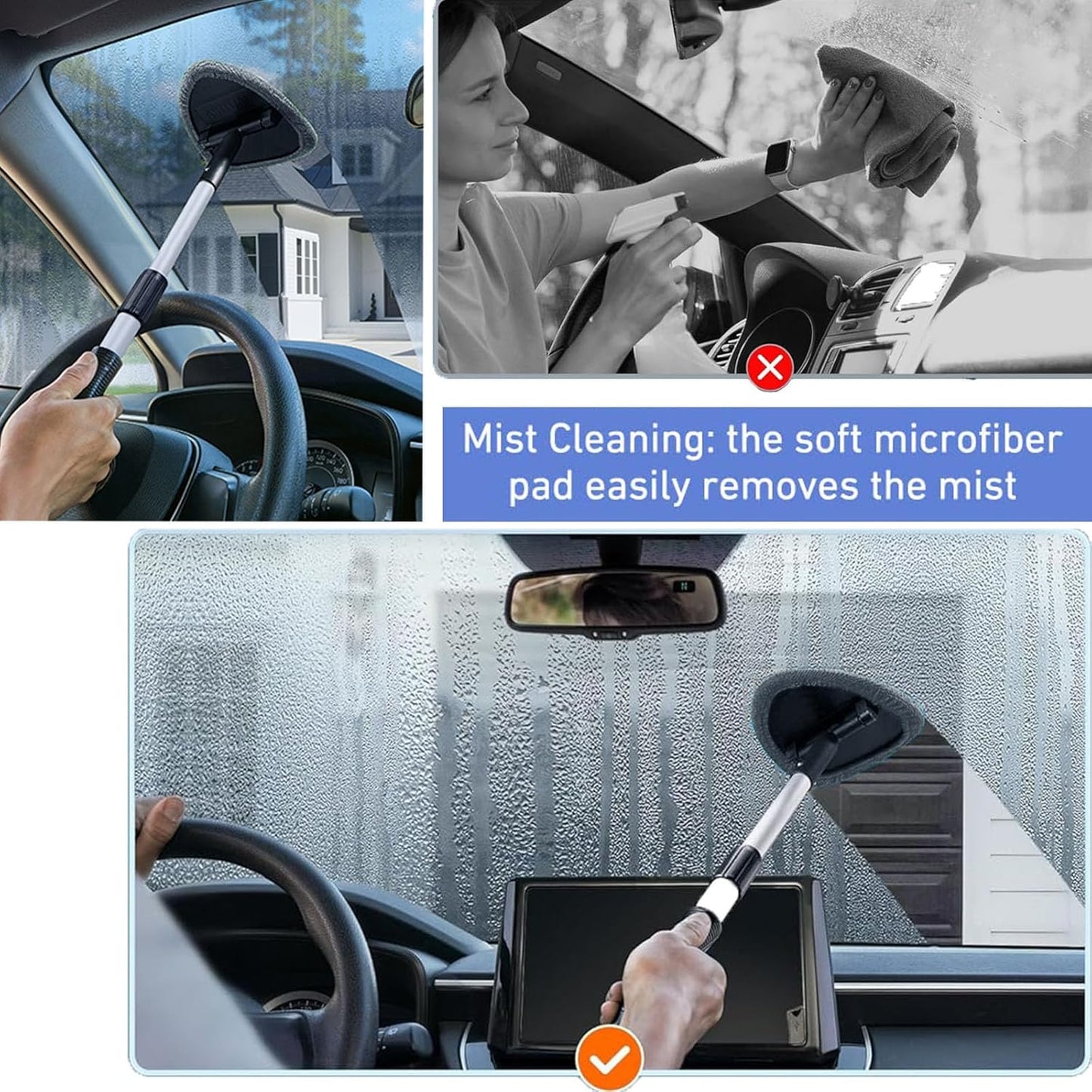 desin Windshield Cleaning Tool, Car Window Cleaner Windshield Cleaner with 4 Reusable and Washable Microfiber Pads and Extendable Handle Auto Inside Glass Wiper Kit