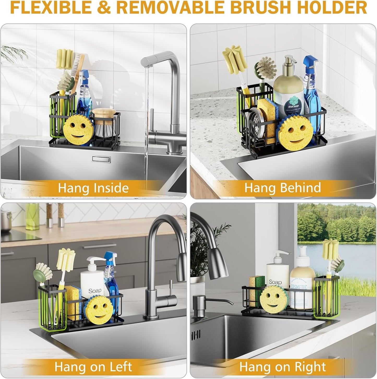 Sponge Holder for Kitchen Sink with Suction Cups & Adhesive Hook, Rustproof In-Sink Sponge Holder, Space-Saving Wall Hanging Sink Caddy Organizer Rack - Sponge, Dish Cloth, Brush - Stainless Steel