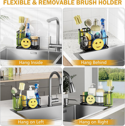 Sponge Holder for Kitchen Sink with Suction Cups & Adhesive Hook, Rustproof In-Sink Sponge Holder, Space-Saving Wall Hanging Sink Caddy Organizer Rack - Sponge, Dish Cloth, Brush - Stainless Steel