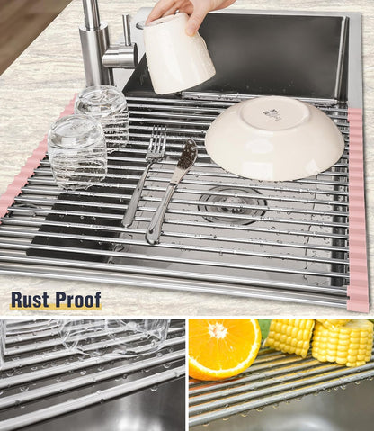 Tomorotec 17.7" x 15.5" Roll Up Dish Drying Rack Over Sink Drying Rack Sink Cover Kitchen Sink Accessories Gadget Multipurpose Organizer Foldable Stainless Steel Drainer (Grey)