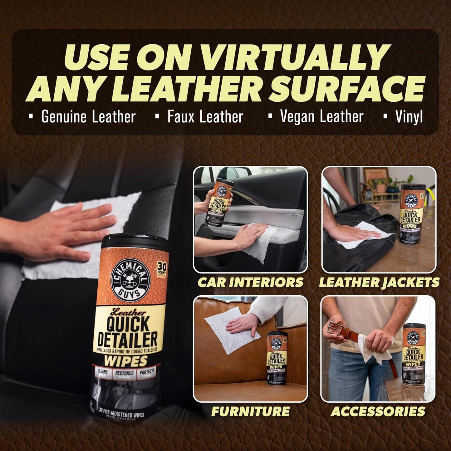 Chemical Guys Leather Cleaning Quick Detailer Wipes (Works on Natural, Synthetic, Pleather, Faux Leather and More) On The Go Car Care Accessory (30 Ct)