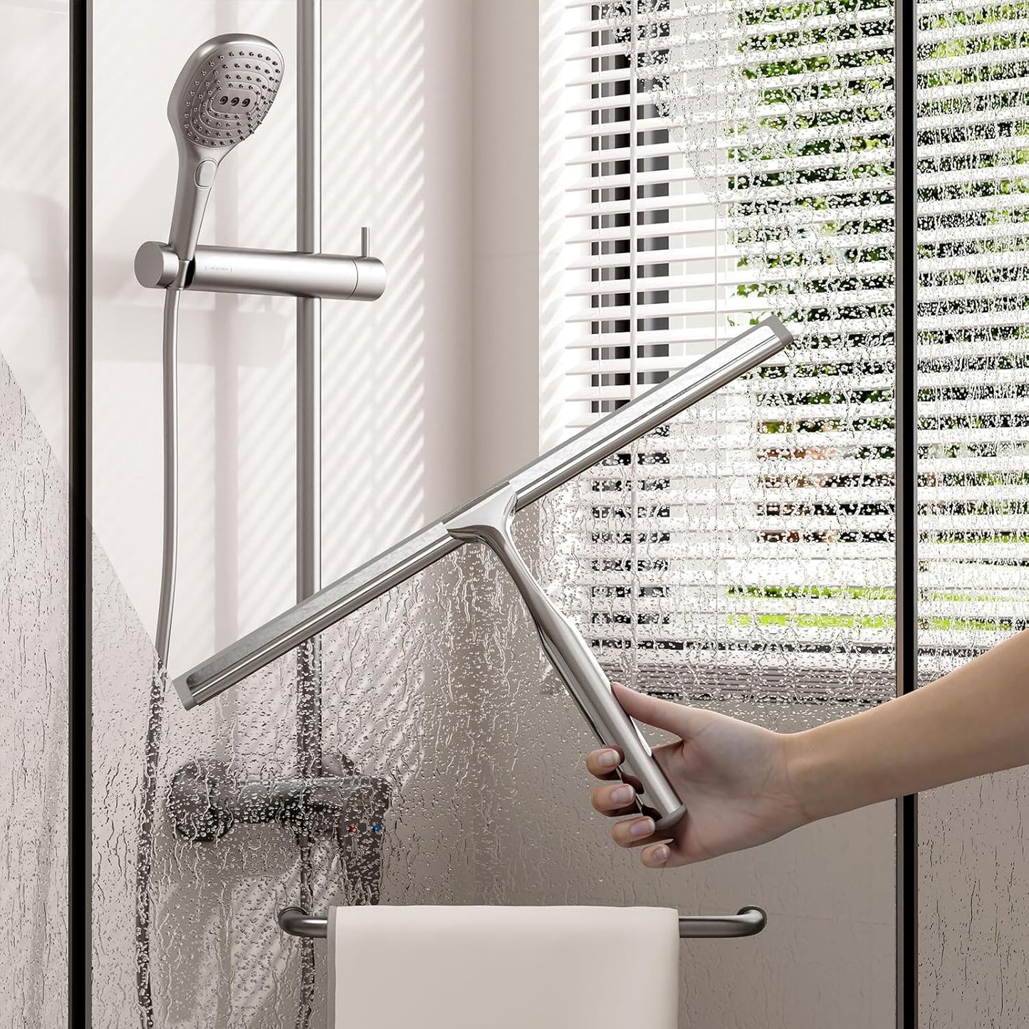 Shower Squeegee for Glass Doors, Shower Squeegee for Tile Shower Walls, Stainless Steel Squeegee for Bathroom, Windows and Mirrors with Storage Hook-12”, Black