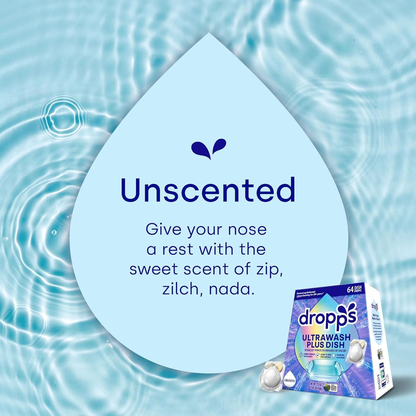 Dropps UltraWash Plus Dishwasher Detergent Pods, Unscented (64 Ct) Free & Clear | Triple Action | Built In Rinse Aid | Cuts Grease & Stuck-On Food | Sparkling Dishes | Residue-Free | Clean Ingredients