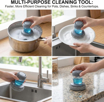 Comfort Grip Soap Dispensing Kitchen Scrub, Heavy Duty Kitchen Scrub Brush with Comfort Grip, Replaceable Cleaning Balls, Non-Slip Handle for Dishes, Pots, Pans, Sinks & Countertops (2 + 4pcs Balls)