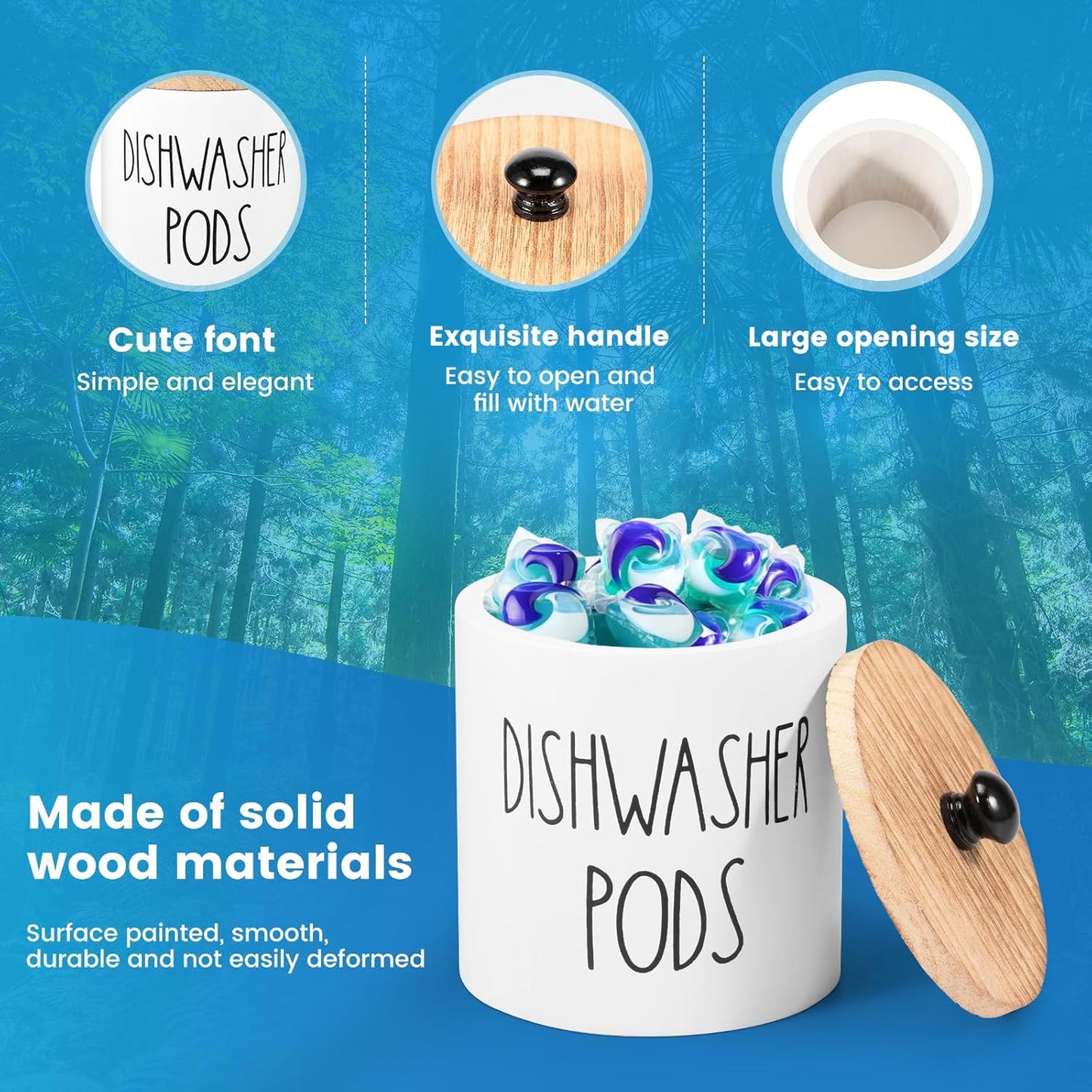 Round Dishwasher Pods Container, Wood Dishwasher Pod Holder with Lid for Kitchen Decor, Laundry Pod Container for Laundry Detergent Storage (Black)