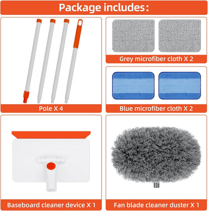 Baseboard Cleaner Tool with Handle, Extendable Long Handle Baseboard Floor Cleaning Tool Duster with Reusable Pads for Floorboard