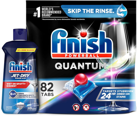 Finish - Jet-Dry Rinse Aid, 23oz, Dishwasher Rinse Agent & Drying Agent and Quantum, 82ct, Dishwasher Detergent, Powerball, Ultimate Clean & Shine, Dishwashing Tablets, Dish Tabs