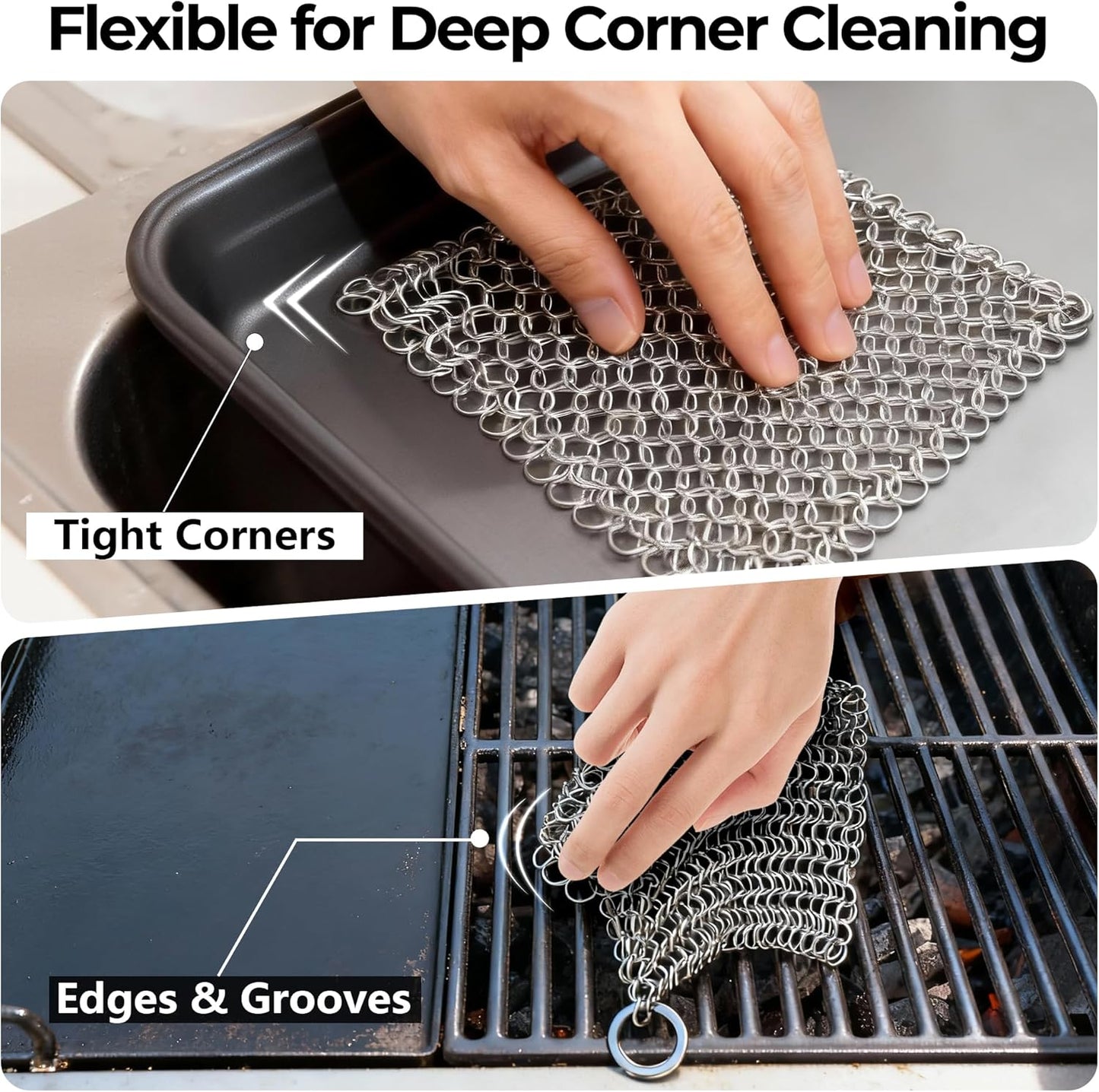 Amagabeli Cast Iron Cleaner 8"x6" Premium Stainless Steel Chainmail Scrubber Cast Iron Skillet Cleaner for Pan Pot Wok Griddles BBQ Grills Cast Iron Cleaning