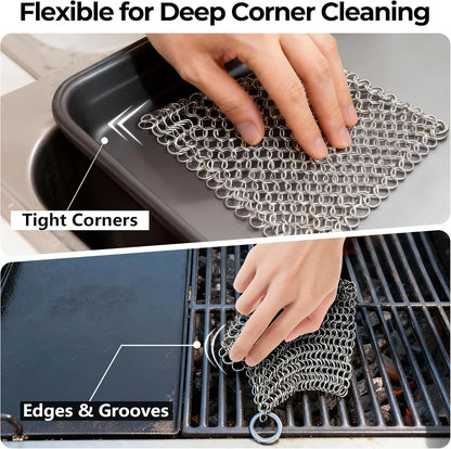 Amagabeli Cast Iron Cleaner 8"x6" Premium Stainless Steel Chainmail Scrubber Cast Iron Skillet Cleaner for Pan Pot Wok Griddles BBQ Grills Cast Iron Cleaning