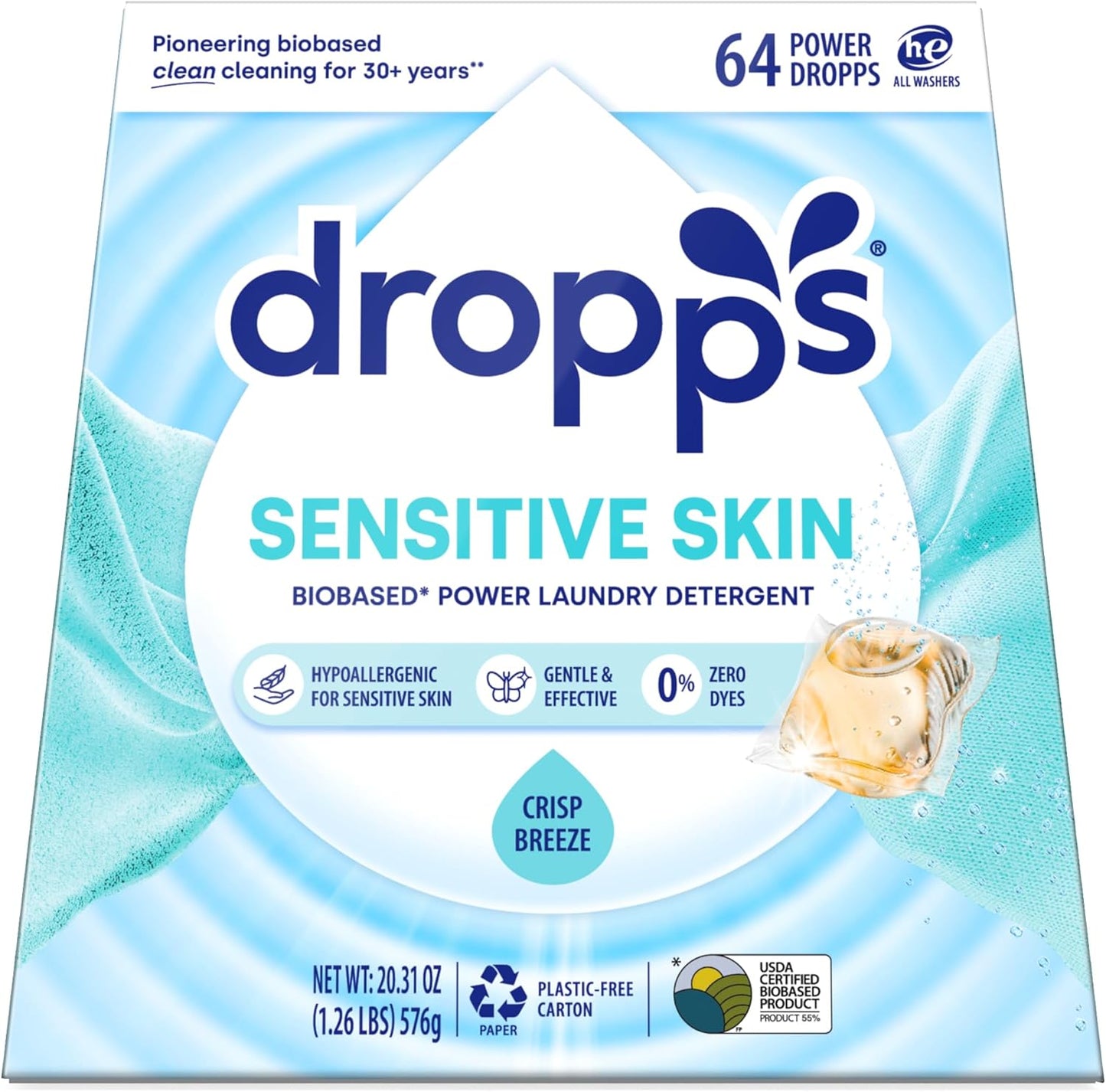 Dropps Sensitive Skin Laundry Detergent Pods, Unscented (36 Ct) - Hypoallergenic & Dermatologist Tested | Free & Clear | Laundry Pods for Sensitive Skin | Clean Ingredients | Plastic Free Packaging