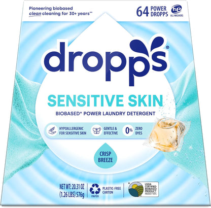 Dropps Sensitive Skin Laundry Detergent Pods, Unscented (36 Ct) - Hypoallergenic & Dermatologist Tested | Free & Clear | Laundry Pods for Sensitive Skin | Clean Ingredients | Plastic Free Packaging