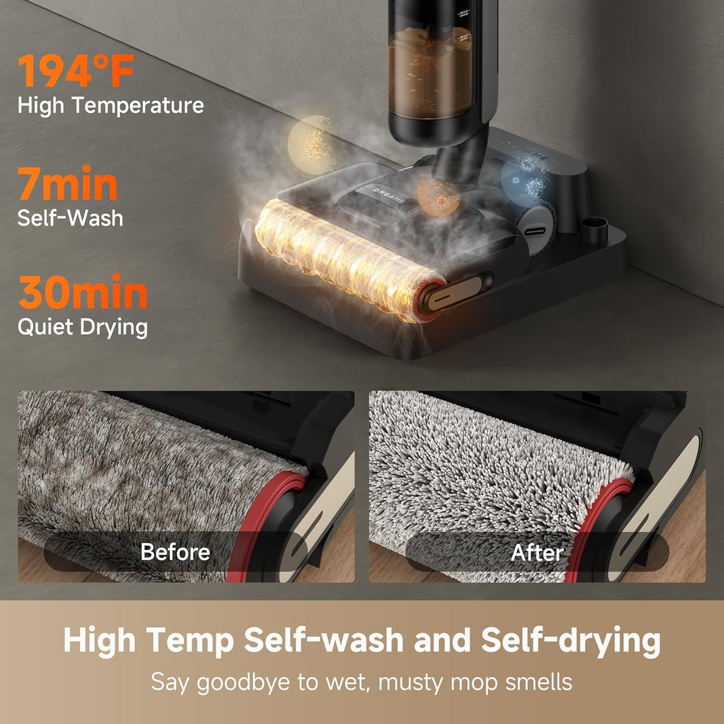 DREAME H12 PRO Vacuum Mop, Wet Dry Vacuum Cleaner for Hard Floor, Vacuum and Mop at The Same Time for Wet & Dry Messes, Auto Self-Cleaning, Edge to Edge Cleaning with Hot Air Drying