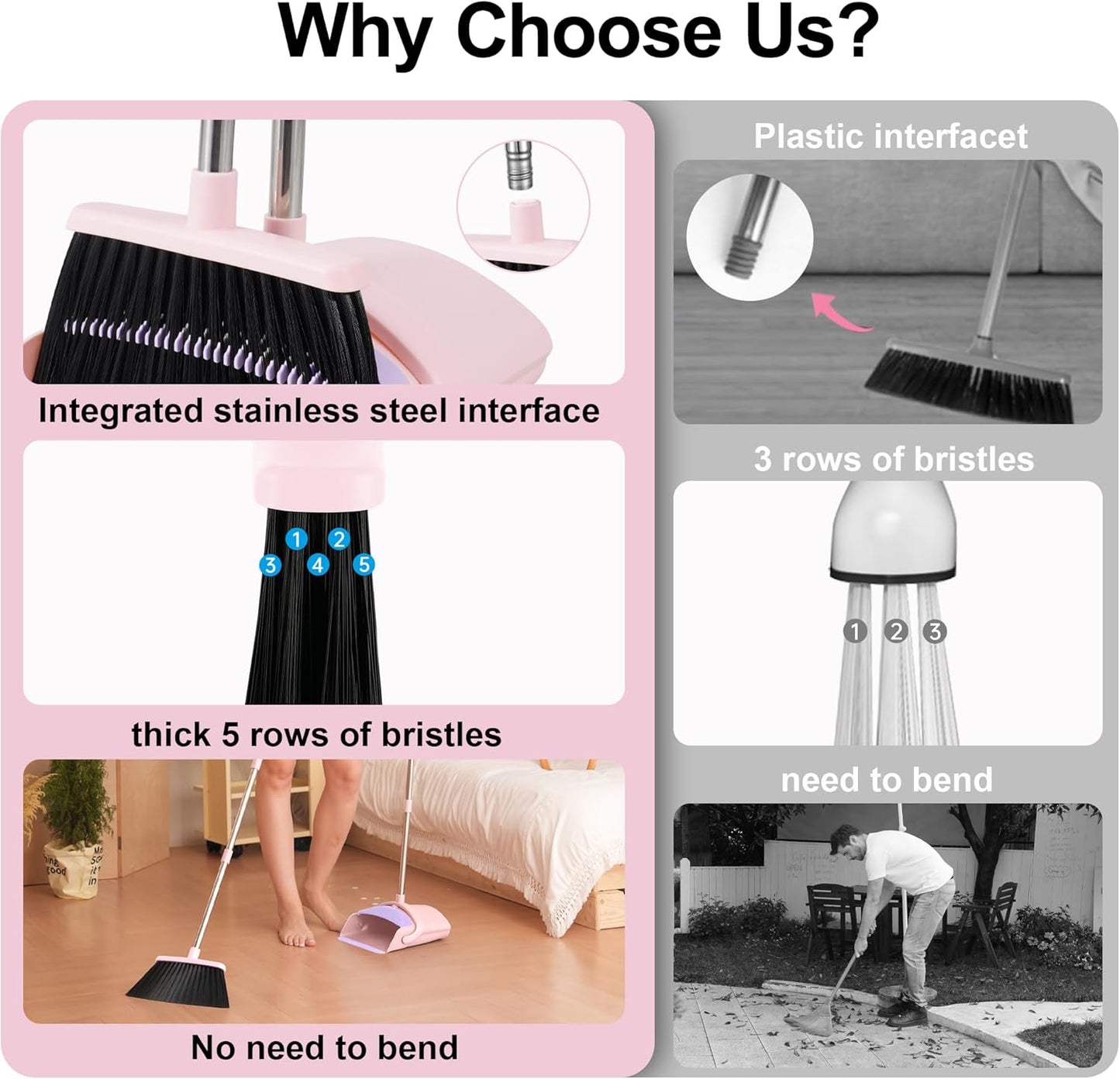 BSKLIN Pink Broom and Dustpan Set, 52-in Handle Broom Dustpan Combo Set Household Hand Broom with Dustpan Teeth to Clean Hair for Home Kitchen Office Lobby Sweeping Indoor（Pink）