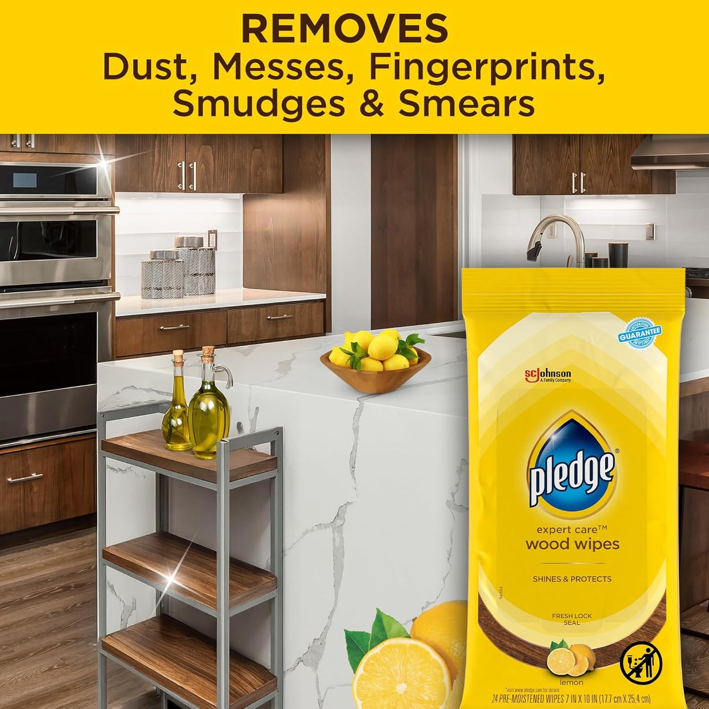 Pledge Expert Care Enhancing Wood Wipes, Lemon Scent (Pack of 6, 144 Total Count), Yellow
