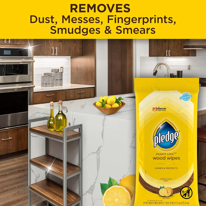 Pledge Expert Care Enhancing Wood Wipes, Lemon Scent (Pack of 6, 144 Total Count), Yellow