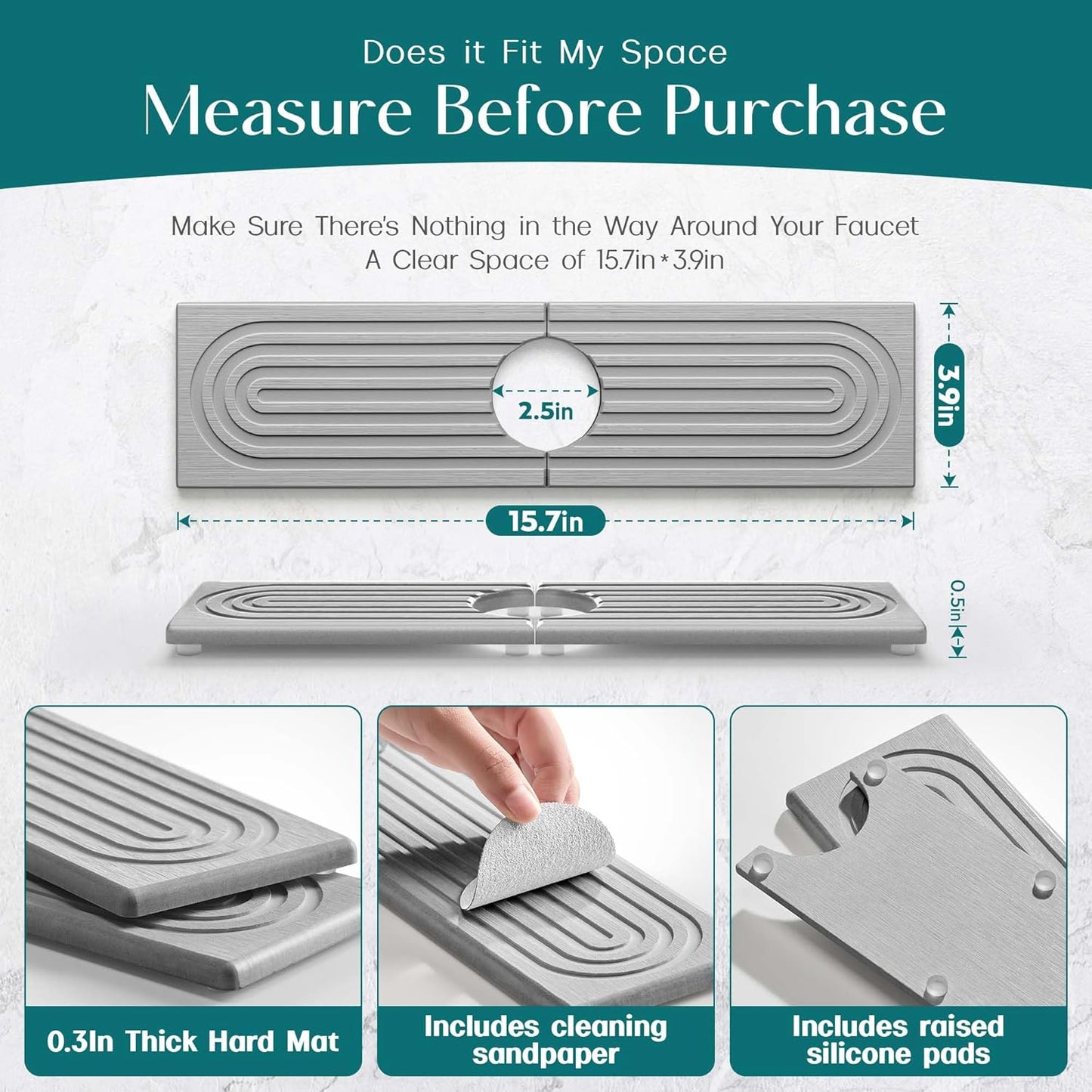 Eormoe Faucet Mat for Kitchen Sink – Diatomite Stone Drying Mat & Sink Protectors, Prevent Moisture – Sink Splash Guard Water-Absorbing Stone Tray for Bathroom Counter (Light Grey, 23.6" x 3.9")