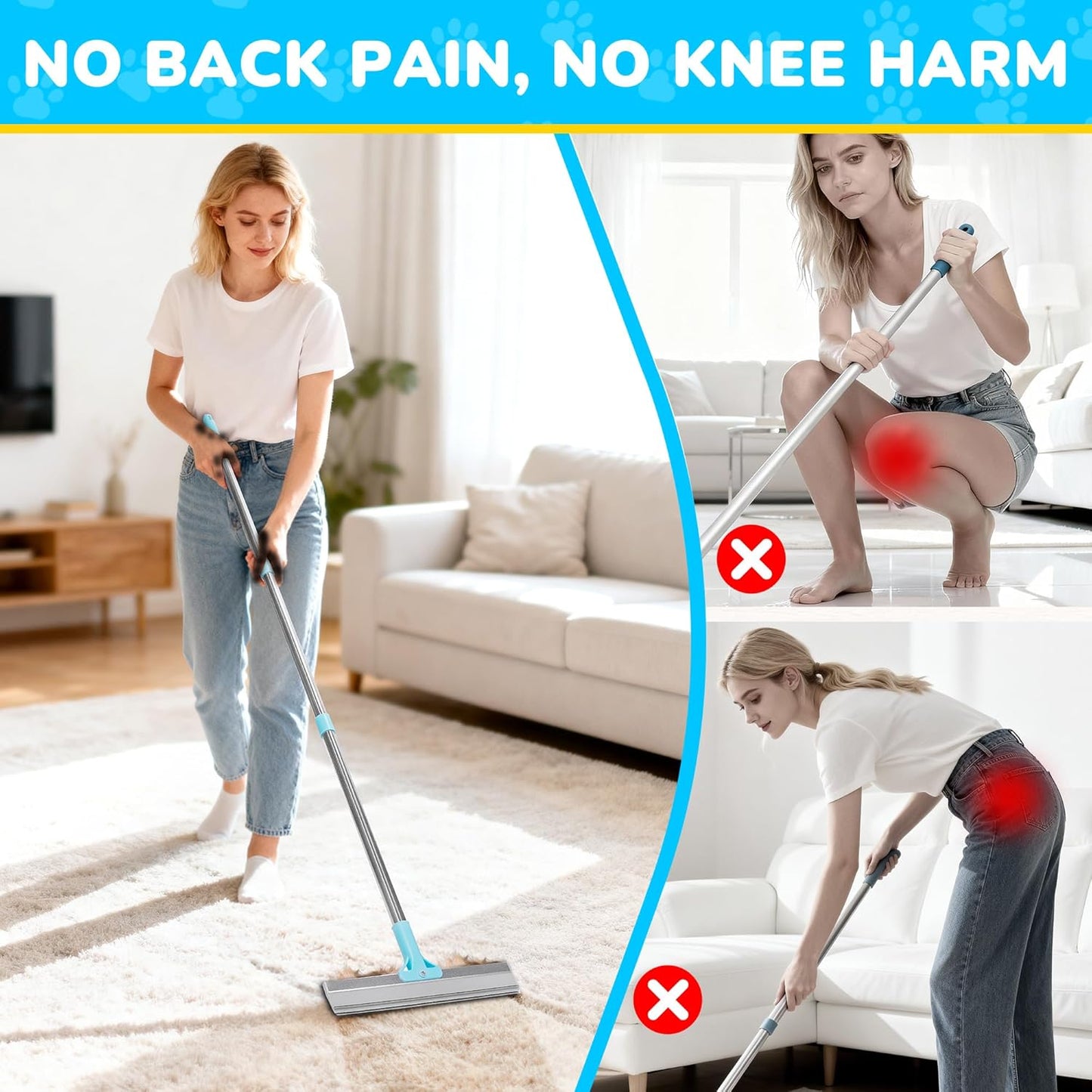 vorona Carpet Rake for Pet Hair Removal, 3 in 1 Pet Hair Removal Broom Tool with 54" Adjustable Long Handle, Reusable Dog & Cat Carpet Scraper,Pet Hair Remover for Rugs, Mats, Curtains, Couch