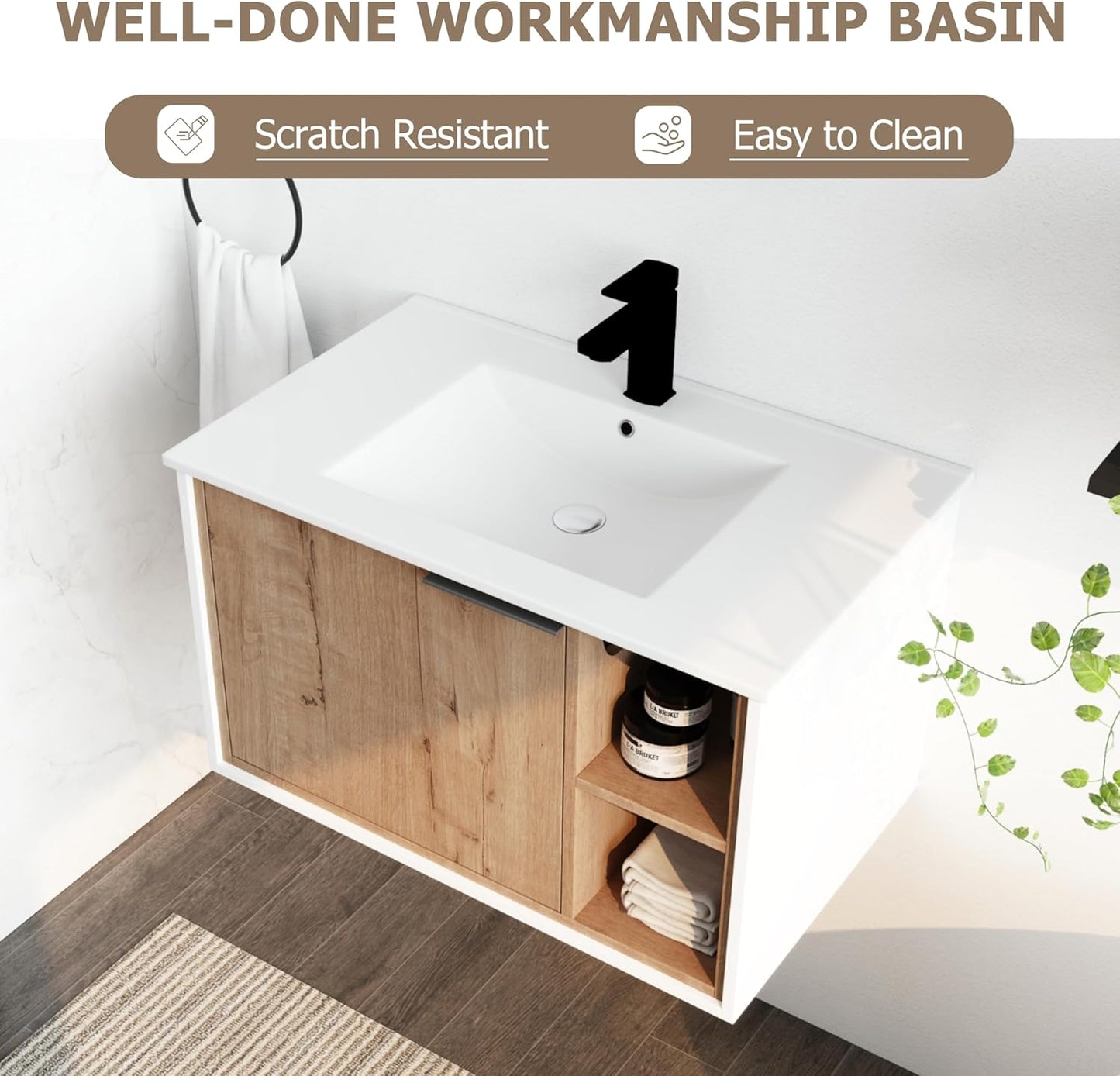 SSLine Modern 24-Inch Bathroom Vanity with Sink Wall Mounted Bathroom Vanity with Top Basin & Storage Cabinet White Wood Floating Vanity w/Ceramic Sink & Gold/Black Handles for Small Space