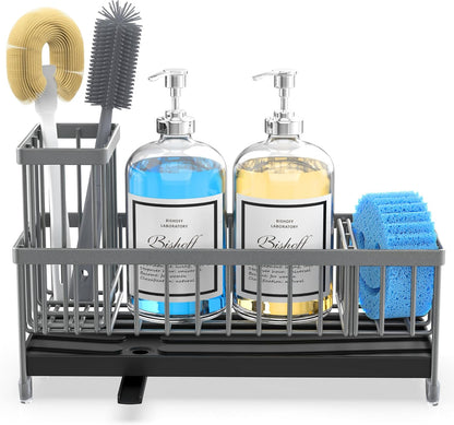 Moforoco Extra Large Sponge Holder for Kitchen Sink Organizer Caddy, Dish Brush Scrubber Holder,Stainless Steel Sink Box Utensil Holder,Soap Dispenser Set Tray Counter Accessories & Storage Rack