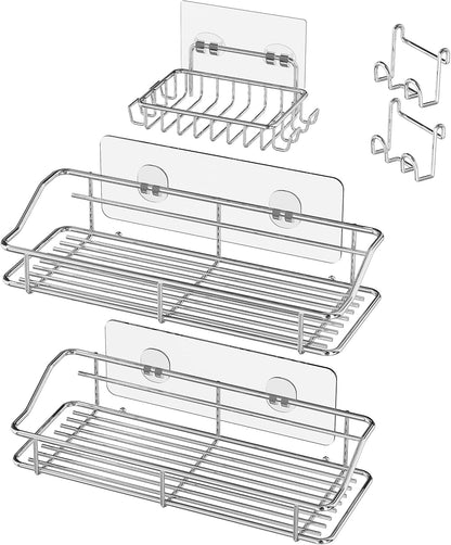 Nieifi Shower Caddy Shelf Storage Rack Adhesive Without Drilling Stainless Steel with Hooks for Washroom, Lavatory, Restroom, Toilet, Bathroom, Kitchen - 2 Pack