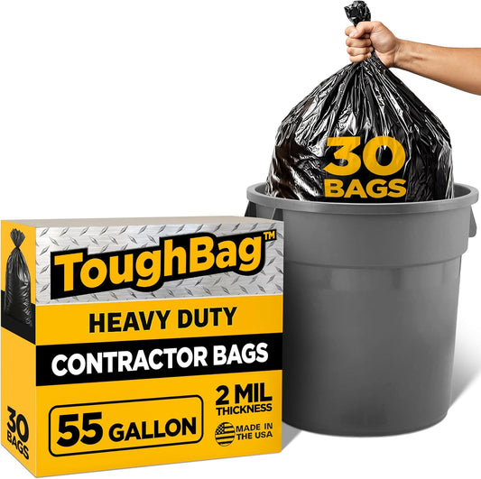 ToughBag 55 Gallon Contractor Trash Bags, 2 Mil Thick (30 Count) - Heavy Duty Drum Liners, Industrial & Commercial Black Garbage Bags - Made in USA