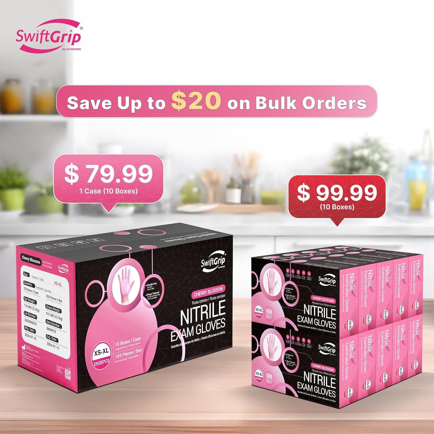 SwiftGrip Pink Nitrile Gloves, 3-mil, Industrial Gloves Disposable Latex Free, for Cleaning & Esthetician, Rubber Powder-Free, 100-ct Box (Small)