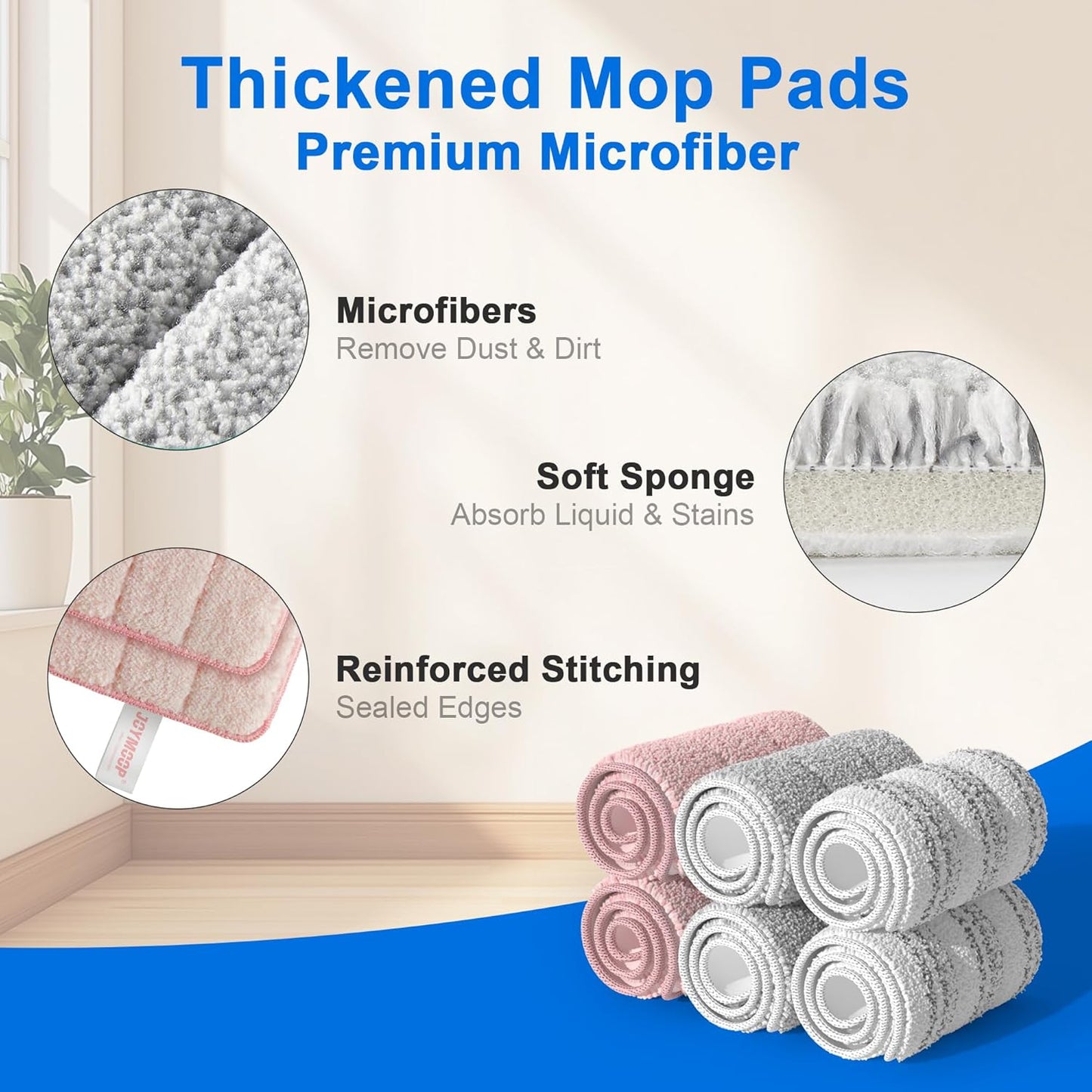 JOYMOOP 17.7-Inch Microfiber Flat Mop Replacement Pads – Washable Reusable Grey & Stripe, Pack of 4 Heavy-Duty Wet & Dry Refill for JOYMOOP Flat Mop & Bucket System