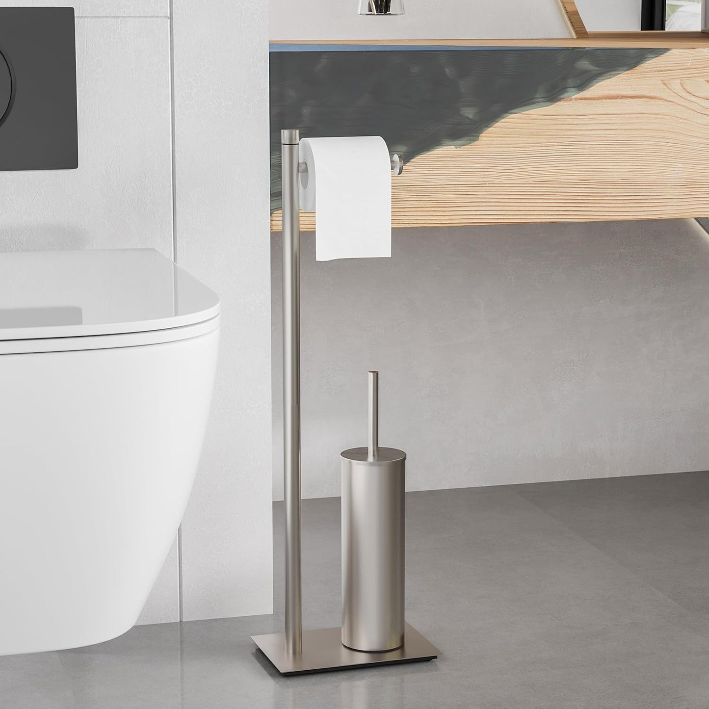RUACQ Toilet Paper Holder Stand with Toilet Brush and Holder Set, 304 Stainless Steel Bathroom Toilet Tissue Paper Roll Holder Free Standing, Weighted Base, Heavy Duty (Matte Black)