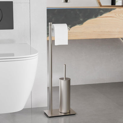 RUACQ Toilet Paper Holder Stand with Toilet Brush and Holder Set, 304 Stainless Steel Bathroom Toilet Tissue Paper Roll Holder Free Standing, Weighted Base, Heavy Duty (Matte Black)