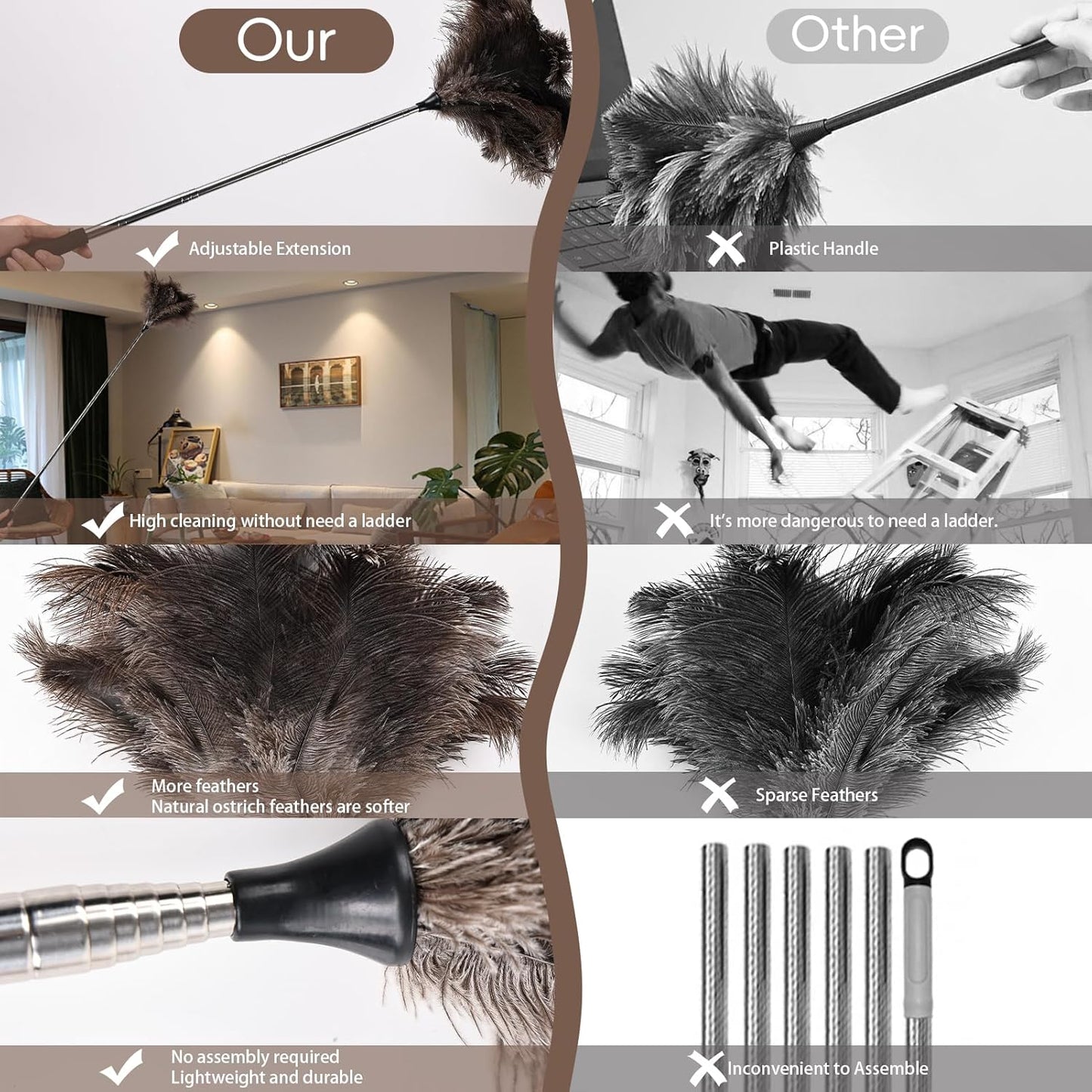 THARAHT Extendable Ostrich Feather Duster up to 27-94 inches Fluffy Feathers Long Handle Reusable for Cleaning Ceiling Fan Pendant lamp High Ceiling Blinds Furniture Feather Duster