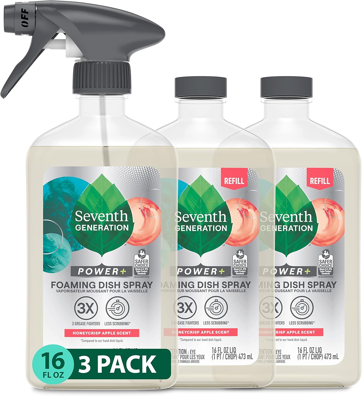 Seventh Generation Foaming Dish Spray, 3X Grease Fighters, Free & Clear, 16 Fl. Oz.