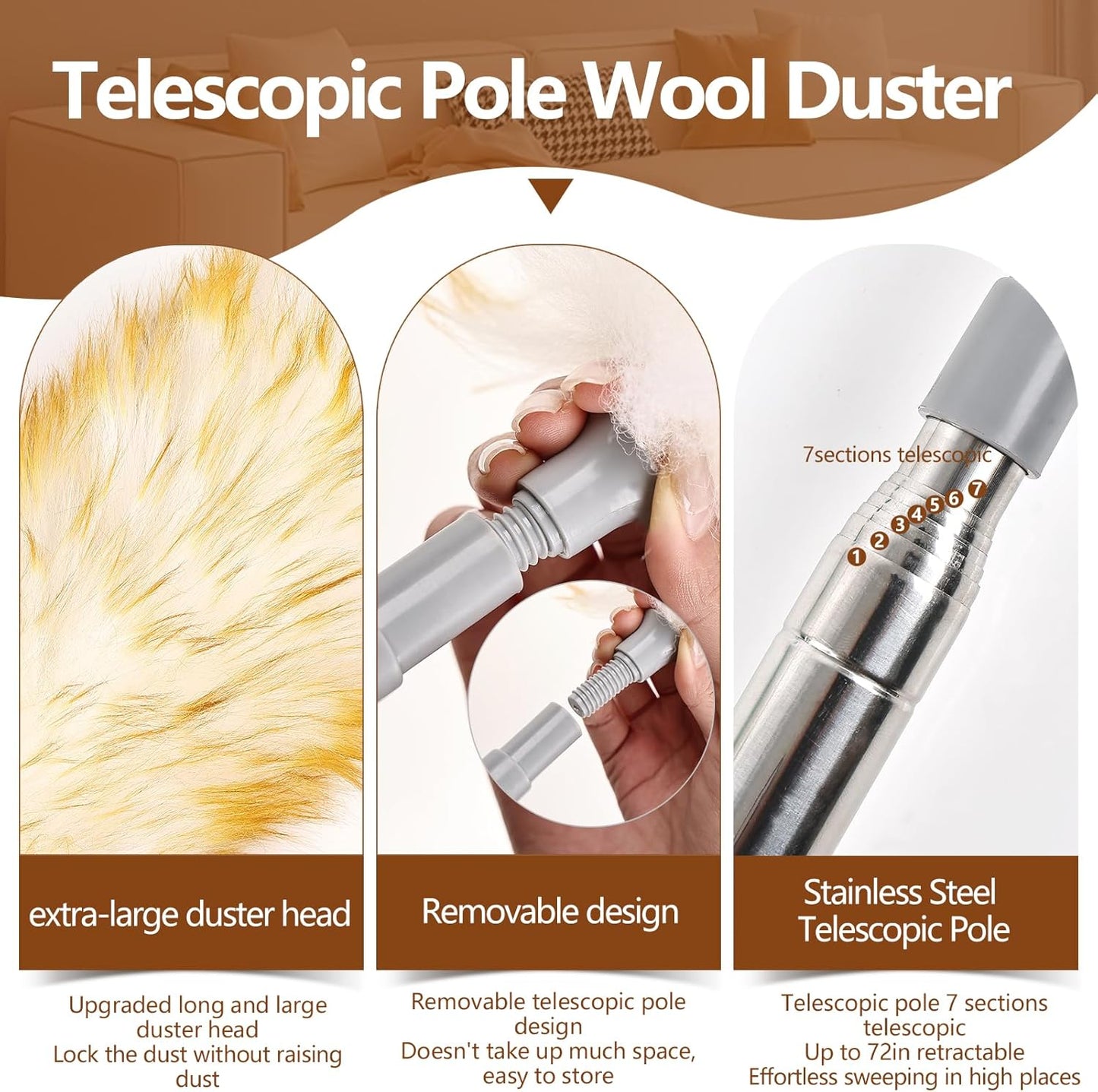 Lambswool Duster for Cleaning with Solid Wooden Handle Leather Hang Strap 87.8" Removable Retractable Feather Duster for Cleaning Ceiling Fans Window Blinds Interior Roof Furniture(2 Pack)