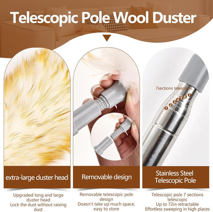 Lambswool Duster for Cleaning with Solid Wooden Handle Leather Hang Strap 87.8" Removable Retractable Feather Duster for Cleaning Ceiling Fans Window Blinds Interior Roof Furniture(2 Pack)