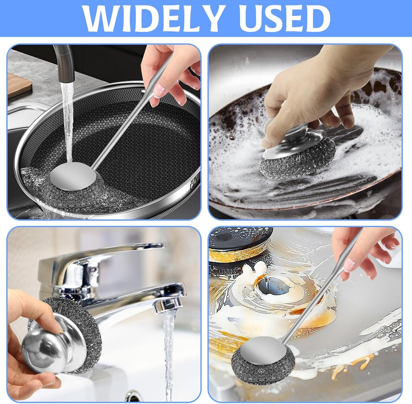 Stainless Steel Wool Scrubber with 2 Replacement Pads - Clean Metal Pans, Pots, Grills & More