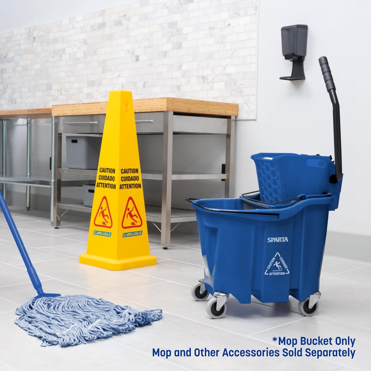 Carlisle FoodService Products Omnifit Mop Bucket with Side Press Wringer and Soiled Water Insert for Floor Cleaning, Kitchens, Restaurants, And Janitorial Use, Polypropylene (Pp), 35 Quarts, Yellow