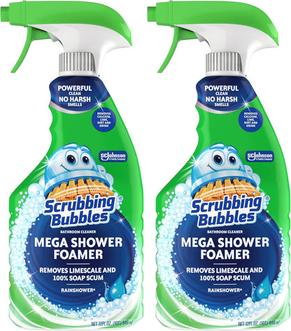 Scrubbing Bubbles Mega Bathroom and Shower Cleaner Spray, Foaming Action Removes Limescale and Soap Scum, Rainshower Scent, 32oz