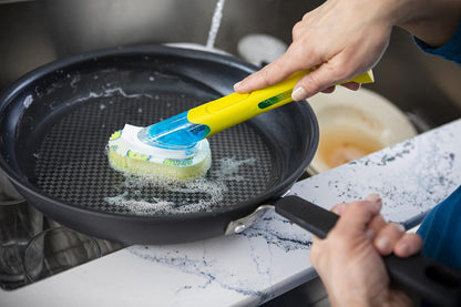 Scrub Daddy Dish Wand Scrubbing Brush with Handle, Soap Dispensing Dish Brushes, Texture Changing Washing Up Sponges With Liquid Dispenser, Scrubber with Scraper & Detachable Head Sponge, Blue