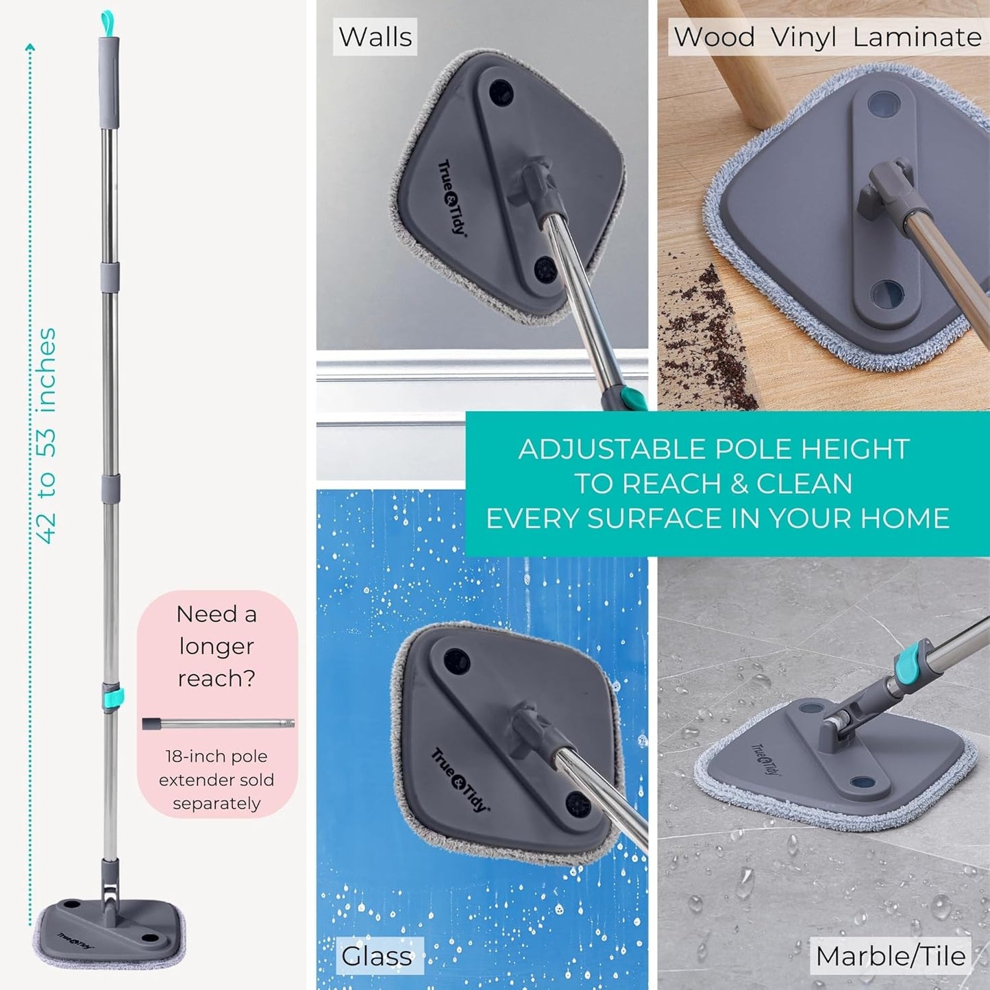 True & Tidy® True Clean Mop and Bucket System, Includes Square Spin, Dual Compartment Mop Bucket and 2 Thick Machine Washable Pads New Upgraded with Side Brush & Self Standing Handle, Rose
