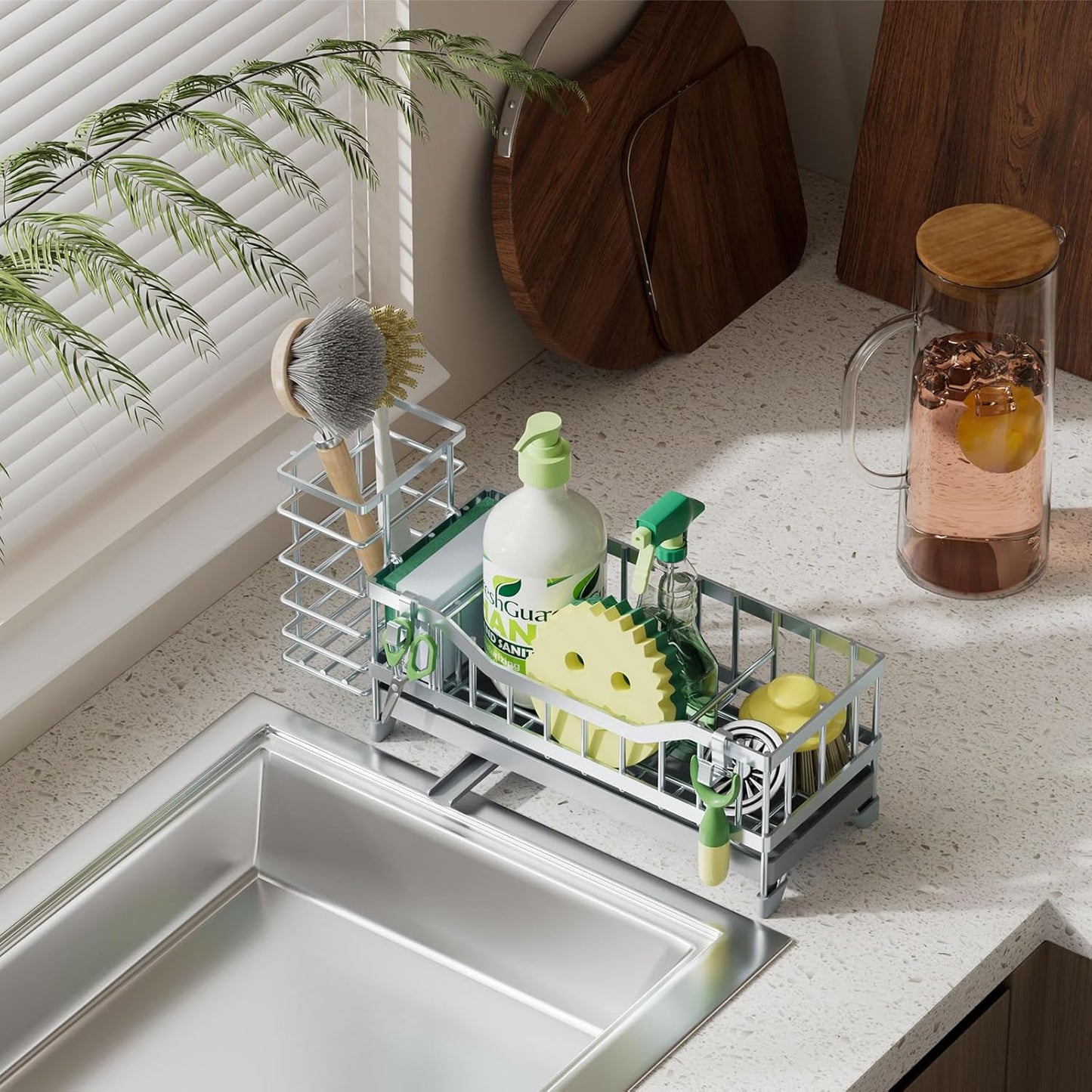 Sponge Holder for Kitchen Sink, Kitchen Sink Caddy with Long-Handled Dish Brushes Holder, 304 Rustproof Stainless Steel Countertop Organizers and Storage, Home Kitchen Sink Accessories(Silver)