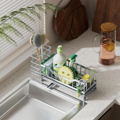 Sponge Holder for Kitchen Sink, Kitchen Sink Caddy with Long-Handled Dish Brushes Holder, 304 Rustproof Stainless Steel Countertop Organizers and Storage, Home Kitchen Sink Accessories(Silver)