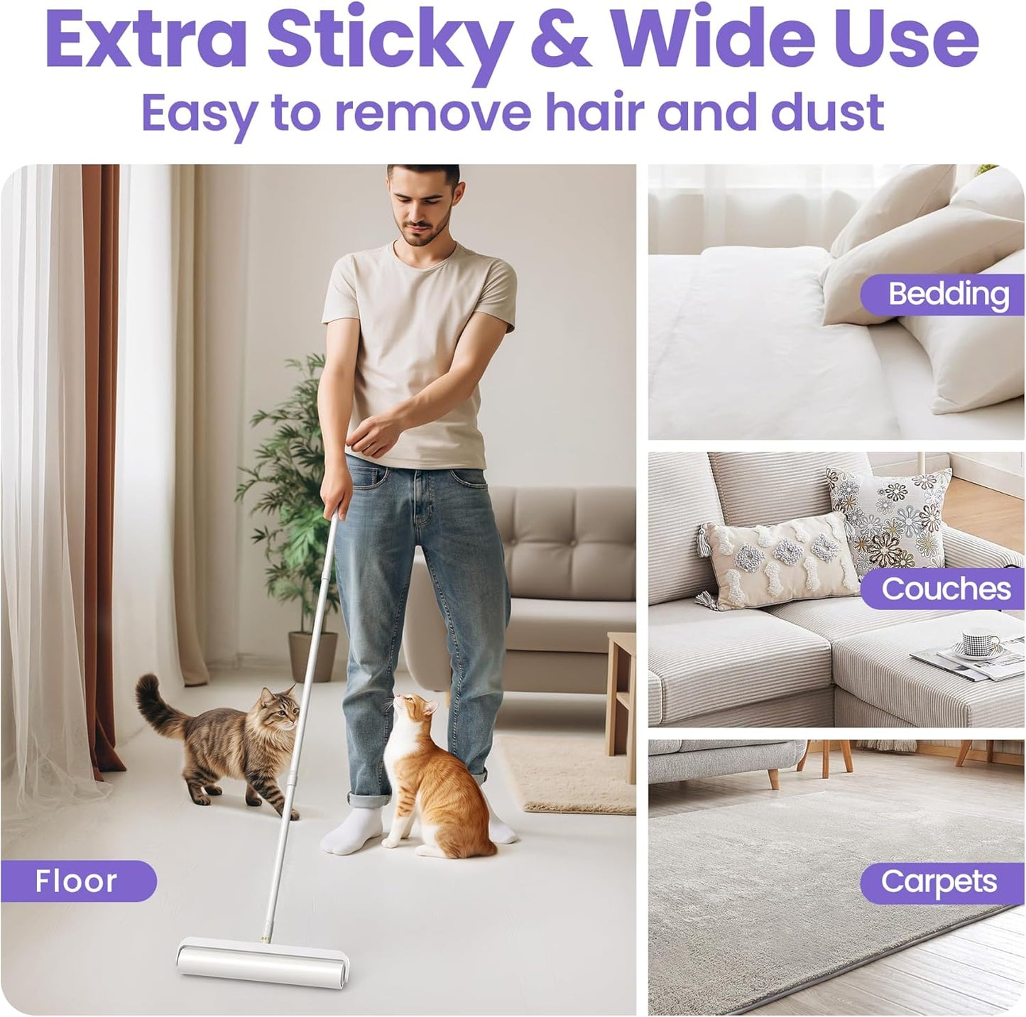 Large Lint Rollers for Carpet: Sticky Rollers for Floor DELOMO 9.45 in with 3 Extendable Handle, Long Handle Sticky Mop for Cleaning Carpets, Cars, Bedding, Couches, and Pet Hair - for Pet Homes