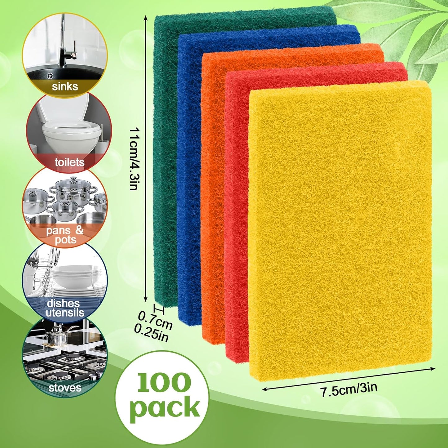 Hoolerry 100 Pcs Heavy Duty Scouring Pads Non Scratch Household Scrub Pads for Cleaning Reusable Pan Scrubber Anti Grease Scrubbing Pads for Dish Kitchen Metal Grills, 4.3 x 3 x 0.3 in (Green)