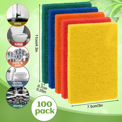 Hoolerry 100 Pcs Heavy Duty Scouring Pads Non Scratch Household Scrub Pads for Cleaning Reusable Pan Scrubber Anti Grease Scrubbing Pads for Dish Kitchen Metal Grills, 4.3 x 3 x 0.3 in (Green)
