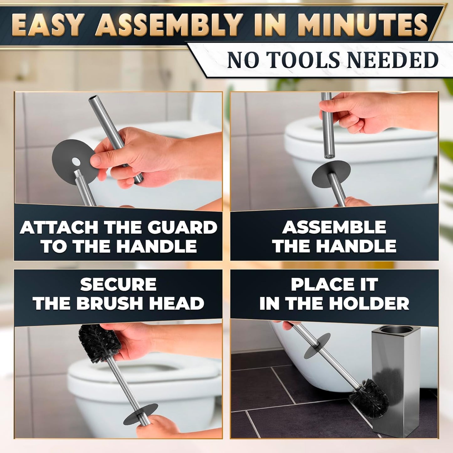 Stylish Stainless Steel Toilet Brush and Holder Set - Silver Toilet Bowl Brush and Holder with Splash Cover, Sturdy Bristles, Corrosion & Scratch Resistant - Elegant Design, Effective Deep Cleaning
