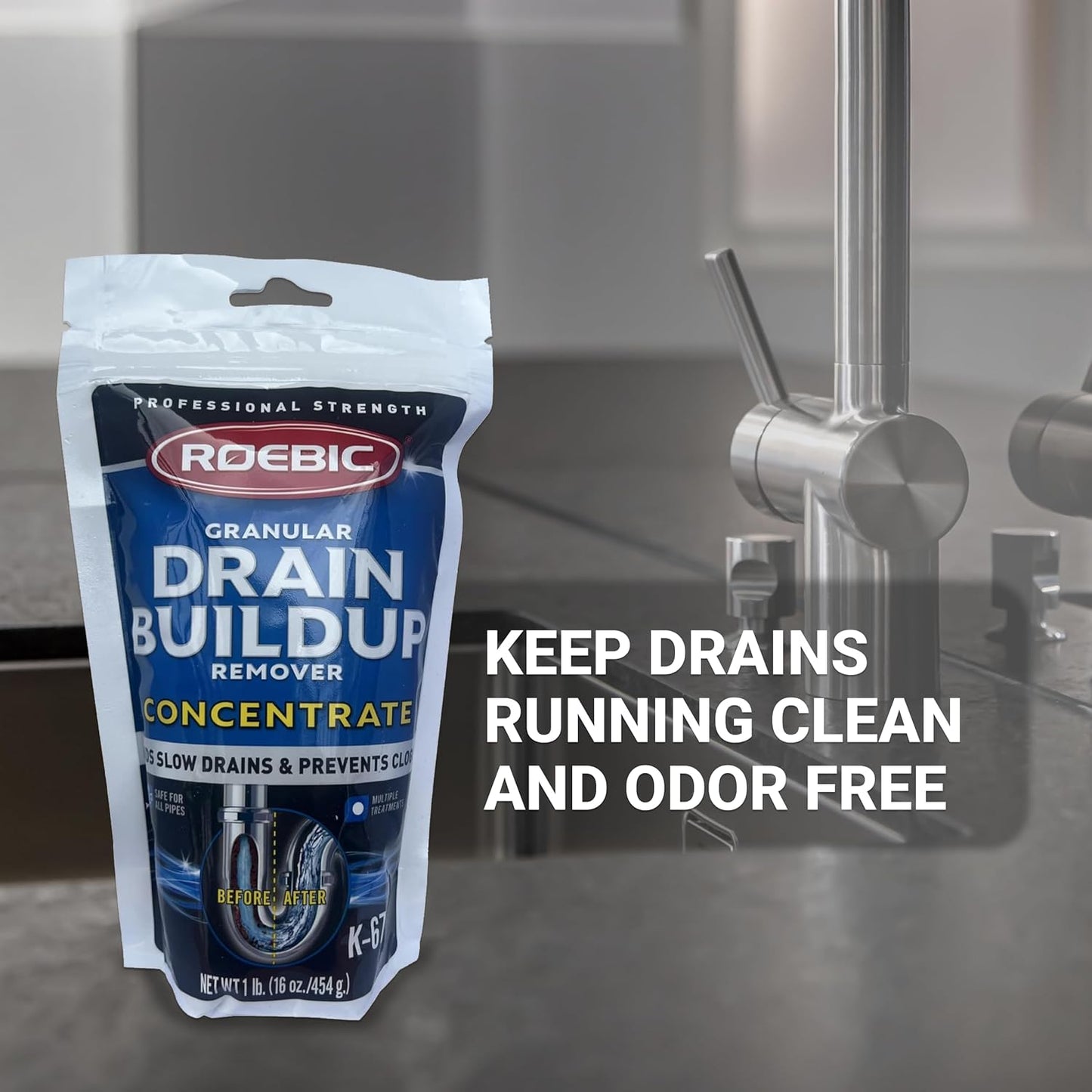 Roebic K-67 Liquid Drain Cleaner, Pipe Buildup Remover with Bacteria Enzymes for Household Drains and Sink Traps, Safe for Kitchen and Bathroom Sink, 32 fl oz