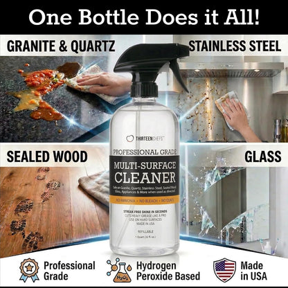 Thirteen Chefs Multi-Surface Cleaner for Kitchen, Home and Bath - Cleans All Countertops, Stainless Steel, Glass, Floor and Tile - 16oz Spray Bottle